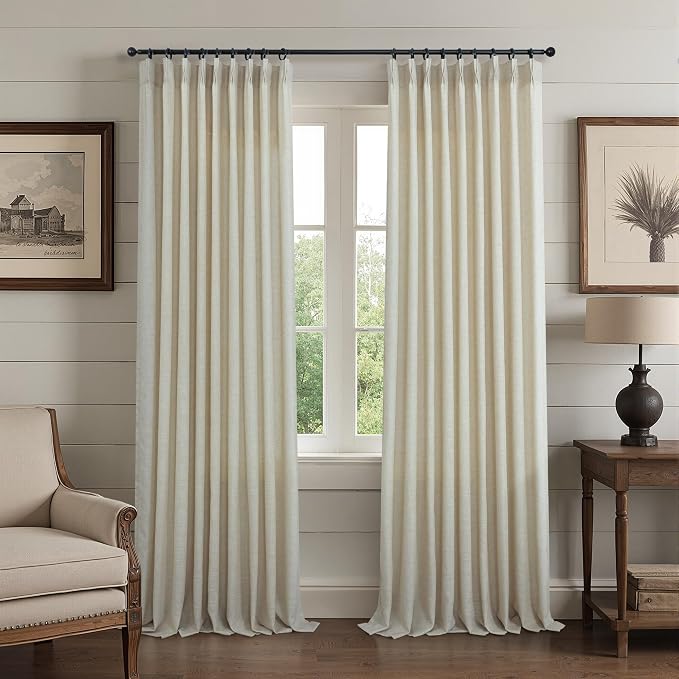 Beige Pinch Pleat Linen Curtains 84 Inch Length 2 Panels for Bedroom Living Room Light Filtering 60 Inch Wide Curtain Farmhouse Flax Linen Pleated Drape for Patio Sliding Door Back Tab 60x84 Long Ecru