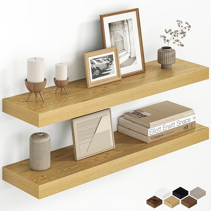 Fun Memories 30 Inch Floating Shelves for Wall, 8 Inch Deep Rustic Wood Wall Mounted Shelves with Invisible Brackets for Bathroom, Bedroom, Kitchen & Living Room Storage Decor, Oak, 2 Pack