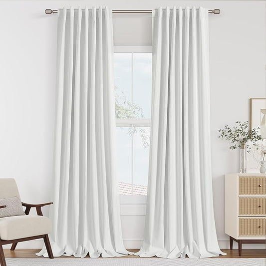 Guken White 100% Blackout Linen Curtains 120 Inch Length 2 Panels Set for Living Room Bedroom Back Tab Thermal Insulated Black Out Drapes Room Darkening Farmhouse Window Curtains 52x120