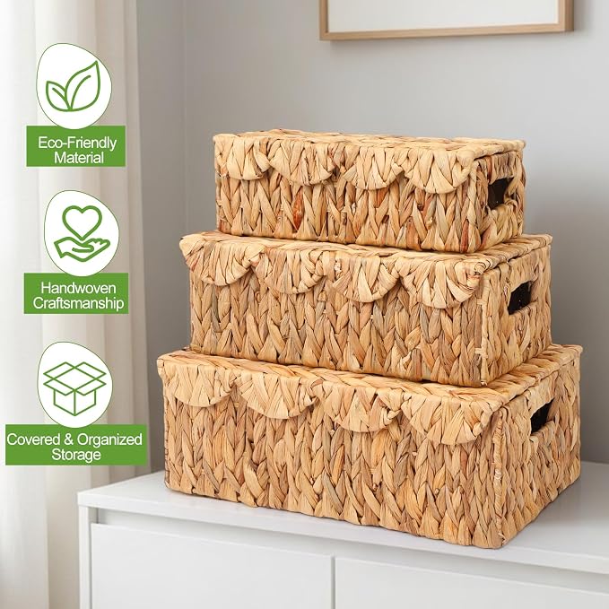 3 Pcs Large Wicker Storage Baskets with Lids 16" 14" 12" Scalloped Wicker Edge Basket Rattan Storage Rectangle Box Large Water Hyacinth Bins with Built in Handles for Living Room, Nursery
