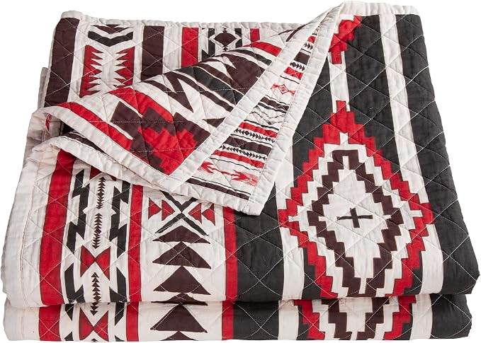 Paseo Road Cortez Western Bedding 3 Piece Quilt Set with Pillow Shams, King Aztec Bedding Set, White Red Gray Tribal Southwestern Bedding, Geometric Pattern Cotton Reversible Bed Set