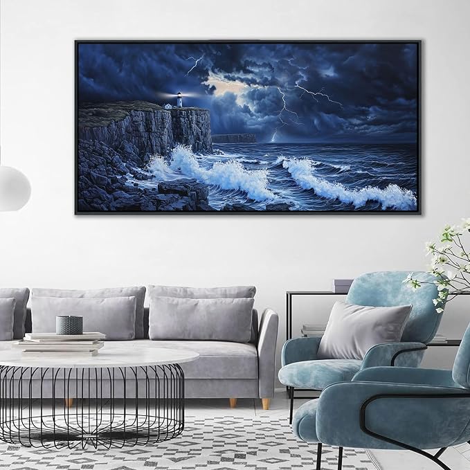 YDYSUNE Large Wall Decor- Ocean Canvas Painting Navy Blue Picture Framed Lighthouse Coastal Wall Art,Huge Waves Seascape Artwork for Living Room,Bedroom,Office Decoration