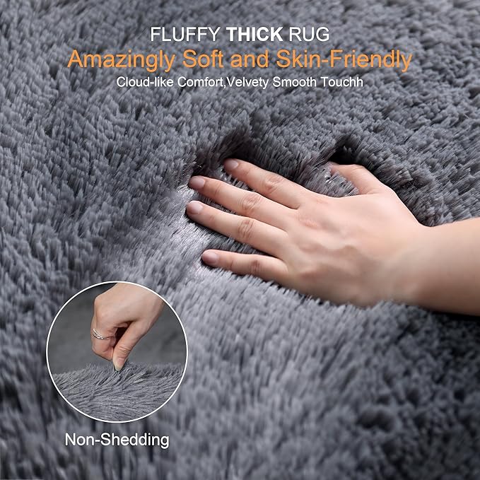 KICHOWUA Thick Area Rug Grey 6x9 Fluffy Shag for Bedroom Living Room, Ultra Soft Plush Fuzzy Washable Thickened Non Slip Floor Large Carpet, Modern Furry Shaggy Rug for Kids Baby Nursery Dorm Room