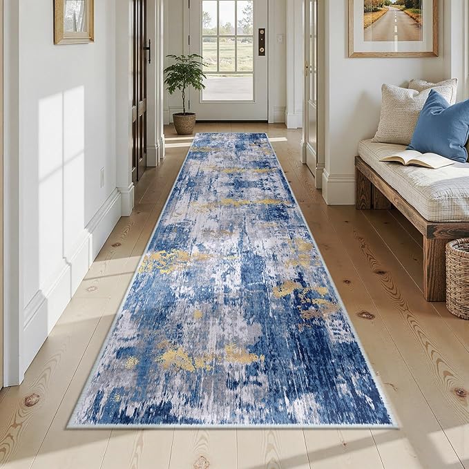 RELEANY Washable Area Rugs 2'6'' x12 Non-Slip Modern Abstract Soft for Living Room Entryway Bedroom Nursery, Print Pattern, Grey Blue Gold/Golden