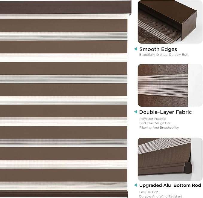 Joydeco Cordless Zebra Blinds (Pro), Dual Layer Light Control Zebra Blinds for Windows, Light-Proof Aluminum Cover, Free-Stop Roller Shades for Home & Office (Coffee, 20" W x 48" H)