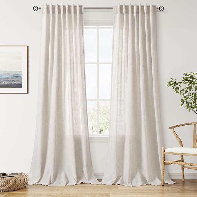 Nanspring Pearl White Linen Curtains 96 Inches Long for Living Room Coastal Decor Luxury Light Filtering Semi Sheer Curtain Back Tab Modern Farmhouse Drapes for Bedroom Office 52x96, 2 Panels