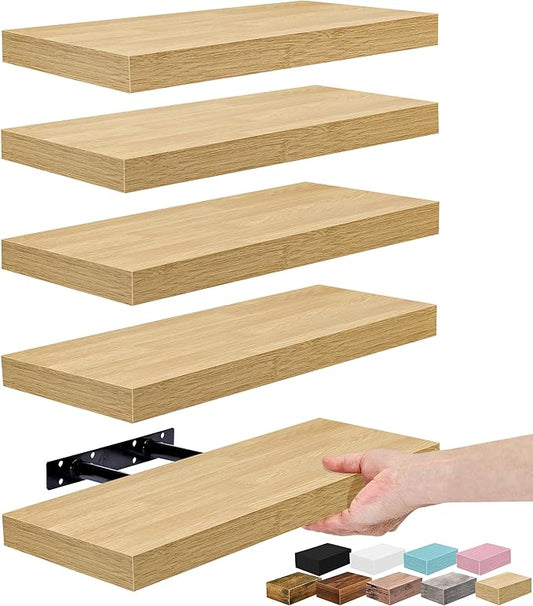 Sorbus Floating Shelves for Wall – 16 Inch Floating Shelf for Kitchen, Bedroom, Living Room, Bathroom, Home & Wall Decor - Mounted Bathroom Shelves with Invisible Brackets (Maple Wood, 5 Pack)
