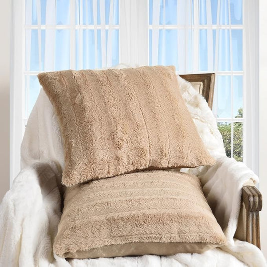 Cheer Collection Faux Fur Throw Pillows - Decorative Pillows for Couch, Bed Throw Pillows, Sand Accent Pillows for Bedroom or Living Room Aesthetic, Set of 2 Furry Throw Pillows, 20" x 20"