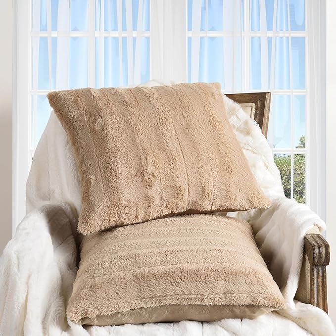 Cheer Collection Faux Fur Throw Pillows - Decorative Pillows for Couch, Bed Throw Pillows, Sand Accent Pillows for Bedroom or Living Room Aesthetic, Set of 2 Furry Throw Pillows, 26" x 26"