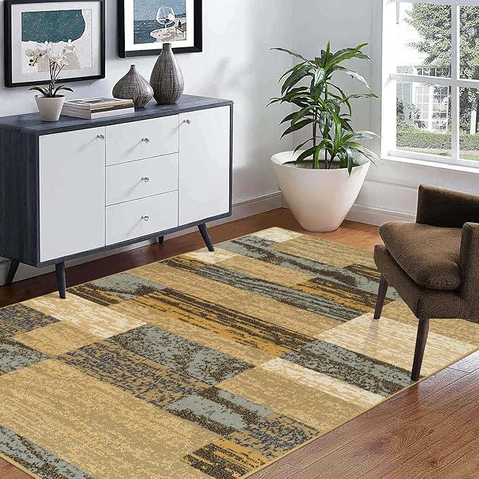 Superior Indoor Area Rug, Jute Backed, Modern Geometric Patchwork Floor Decor for Bedroom, Office, Living Room, Entryway, Hardwood Floors, Rockwood Collection, 3' x 5', Light Blue-Beige