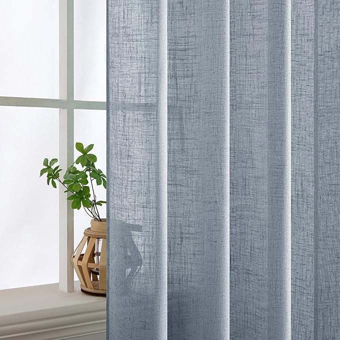 MIULEE Chambray Blue Linen Curtains 63 Inch Length 2 Panels for Bedroom Living Room, Soft Linen Textured Window Drapes Semi Sheer Light Filtering Back Tab Rod Pocket Farmhouse Modern Burlap Look Decor