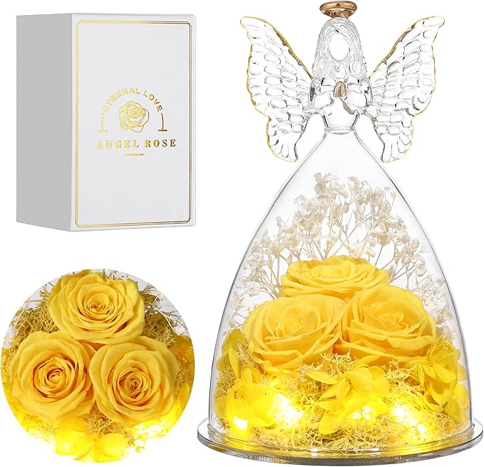 Mothers Day Rose Gifts for Women Preserved Real Flower in Glass Angel Figurines Roses for Delivery Prime Birthday Gifts for Mom Grandma Girlfriend Wife Her, Yellow