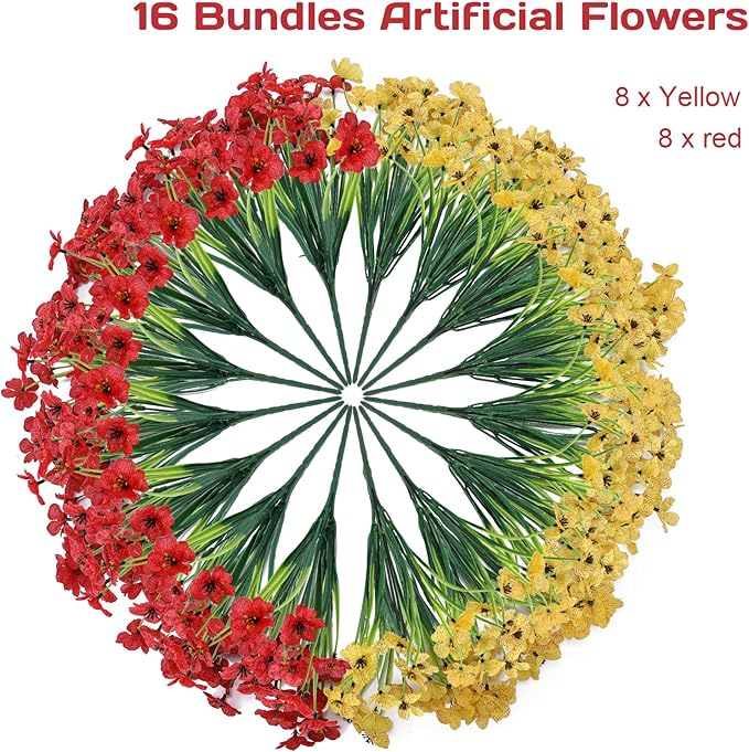 Geegoods Artificial Mums Flowers for Outdoors, 16 Bundles UV Resistant Fake Plastic Red and Yellow Flowers for Patio Porch Spring Summer Decor