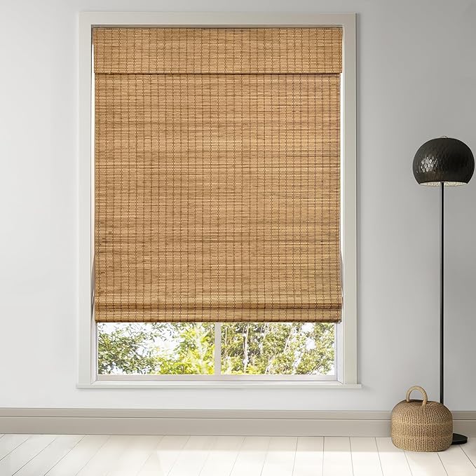 LazBlinds Cordless Bamboo Roman Shades, 31x64, Highfield Teak | Privacy Blinds for Interior Windows, Room Darkening Roll Up Bamboo Blinds for Home & Patio