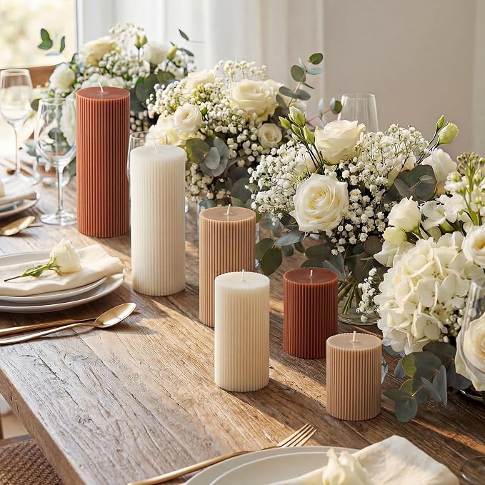 Lyrow 6 Pcs Ribbed Pillar Home Decorative Candles Aesthetic Modern Home Decor Soy Wax Unscented Pillar Candles Width 3" High 4" 6" 8" for Bathroom Living Room Wedding Dinner Party(Brown)