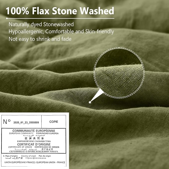 Simple&Opulence 100% Linen Pillow Case Queen Size Set of 2, Olive Green Pillow Covers with Overlap Closure, Luxury Breathable Pillowcases Protectors Suitable for All-Season (20" X 26", Olive Green)