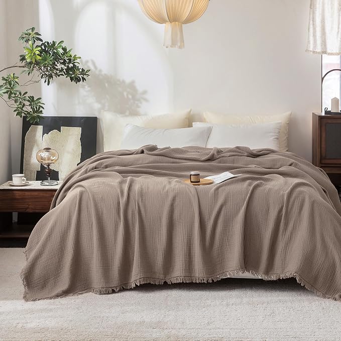 FOSSA Muslin Blanket 4-Layer 100% Cotton Gauze Blanket with Fringe 108"x98" | Super Soft Breathable Lightweight All Season & Decorative Blanket or Bed, Sofa, Office (Pale Brown,Super King)