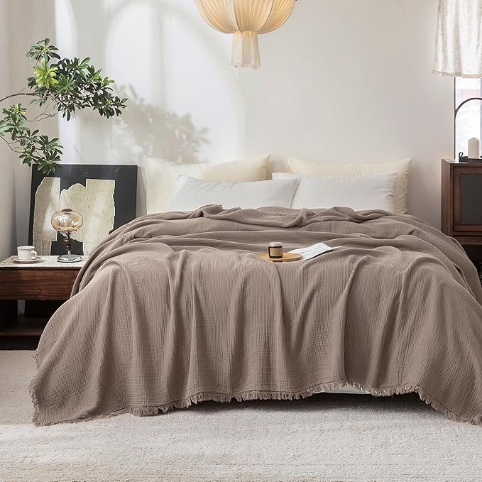 FOSSA Muslin Blanket 4-Layer 100% Cotton Gauze Blanket with Fringe 104"x90" | Super Soft Breathable Lightweight All Season & Decorative Blanket or Bed, Sofa, Office (Pale Brown, King )