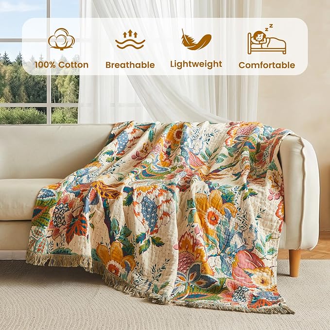 MSGKV Throw Blanket for Bed Cotton Cute Ocean Animals Twin Size Couch Blanket 60"x80" Muslin Summer Breathable All Seasons Lightweight Farmhouse Home Decor
