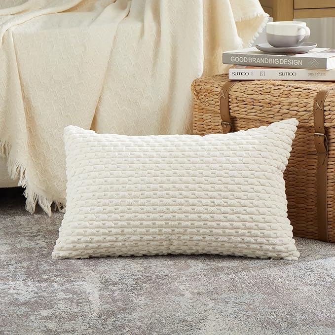 Fancy Homi 2 Packs Cream Long Lumbar Decorative Throw Pillow Covers 14x24 Inch for Couch Bed Sofa, Modern Farmhouse Boho Home Decor, Soft Cute Plush Corduroy Rectangle Cushion Case 35x60 CM