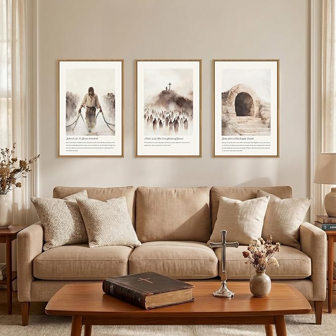KAIRNE Jesus Christian Framed Canvas Wall Art Set,Neutral Bible Verses Wall Decor,Modern Religious Scripture Art Prints,Christ Cross Empty Tomb Artwork for Living Room,Bedroom,Church,Office-24 x36 x3