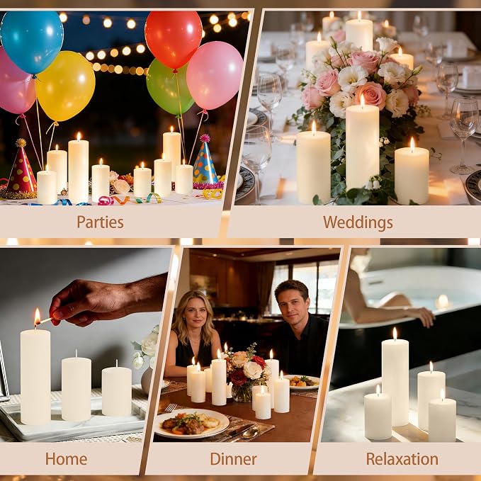 36 Pcs Ivory Pillar Candles Bulk Set, 2x3” 2x4” 2x6” Paraffin Hurricane Candles, Unscented Dripless Smokeless, Long Burning for Party Wedding Events Home Decor