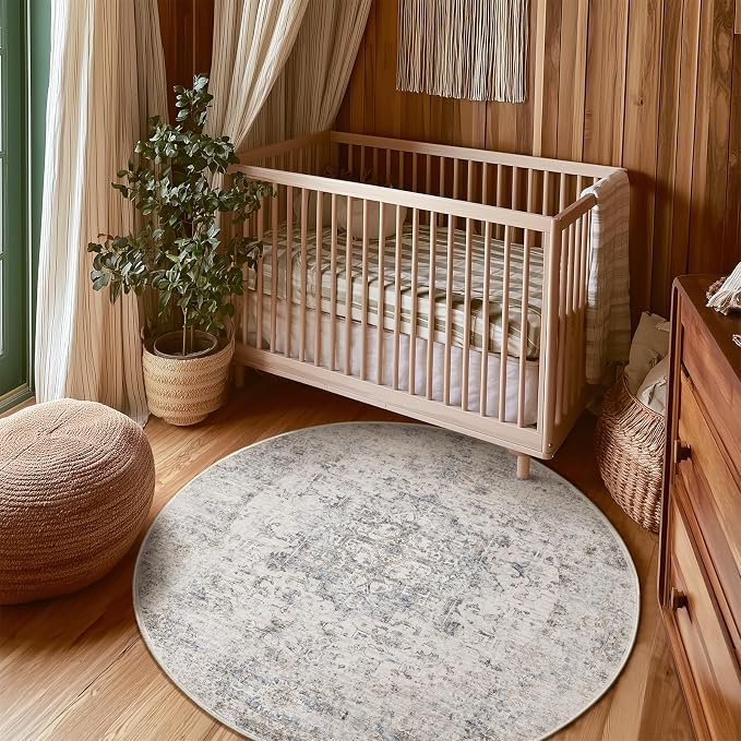 Machine Washable Rugs for Living Room: 4x4 Area Rugs for Bedroom Ultra Soft Non-Slip Low Pile Vintage Distress Boho Large Carpet for High-Traffic Dining Room - Farmhouse Decor