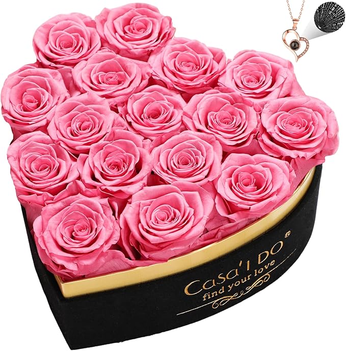 Casaido Preserved Roses Flowers for Delivery 16 Pcs, Mothers Day Rose Gifts for Her, Forever Flores in Heart Box with Necklace, Anniversary Birthday Christmas Vanlentines Gift for Wife Mom, Pink