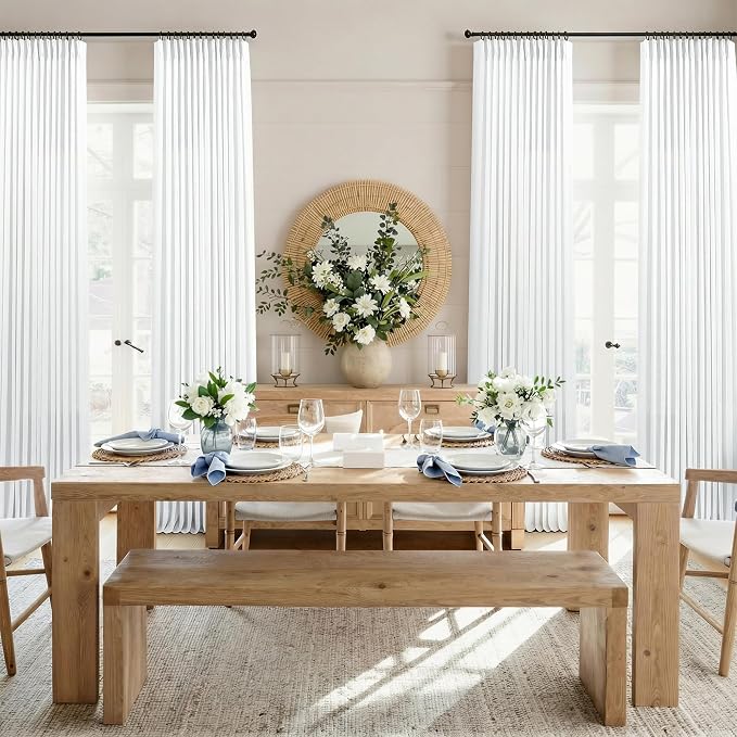 White Linen Pinch Pleated Curtains 63 Inches Long for Bedroom Back Tab Light Filtering Privacy Sheer White Curtain Modern Farmhouse Coastal Decor Cotton Textured Gauze Pleat Drape for Bathroom 2 Panel