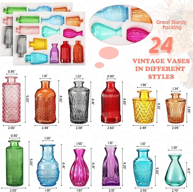 Dandat 24 Pieces Colored Small Vases Decorative Glass Bud Vases Rustic Embossed Colorful Bottles Vintage Glass Bottles for Flowers Home Wedding Decor Table Centerpieces Decorations, 12 Styles
