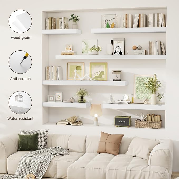Acovy 48 Inch Floating Shelves, 12" Deep Floating Shelf Wall Mounted, 48" Wall Shelves, Rustic Deep Bookshelf, Extra Deeper & Thicker Display Shelves for Bedroom, Living Room, White, Set of 2
