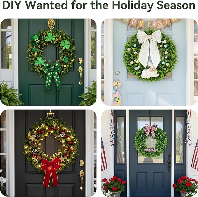 PinkPum 20'' Spring Boxwood Wreaths for Front Door Wreath Front Door Decor Artificial Wreath Summer Outdoor Indoor Green Home Round All Year Round Farmhouse St Patricks Day Decorations