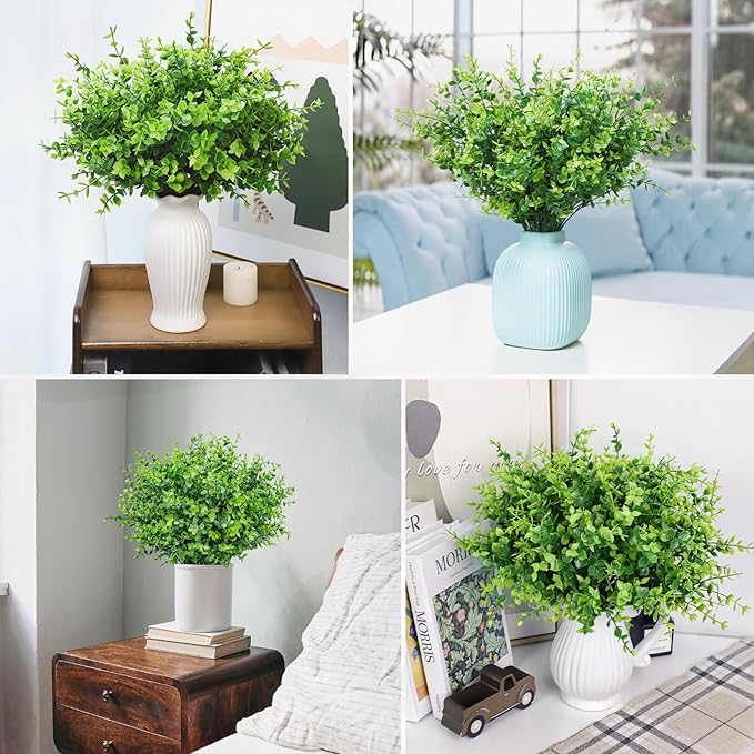 24 Bundles Greenery Artificial Plants Outdoors, Eucalyptus Stems UV Resistant Fake Foliage Plants Faux Boxwood Shrubs Indoor Decorations Artificial Flowers for Garden Pot Porch Fence Hanging Planter