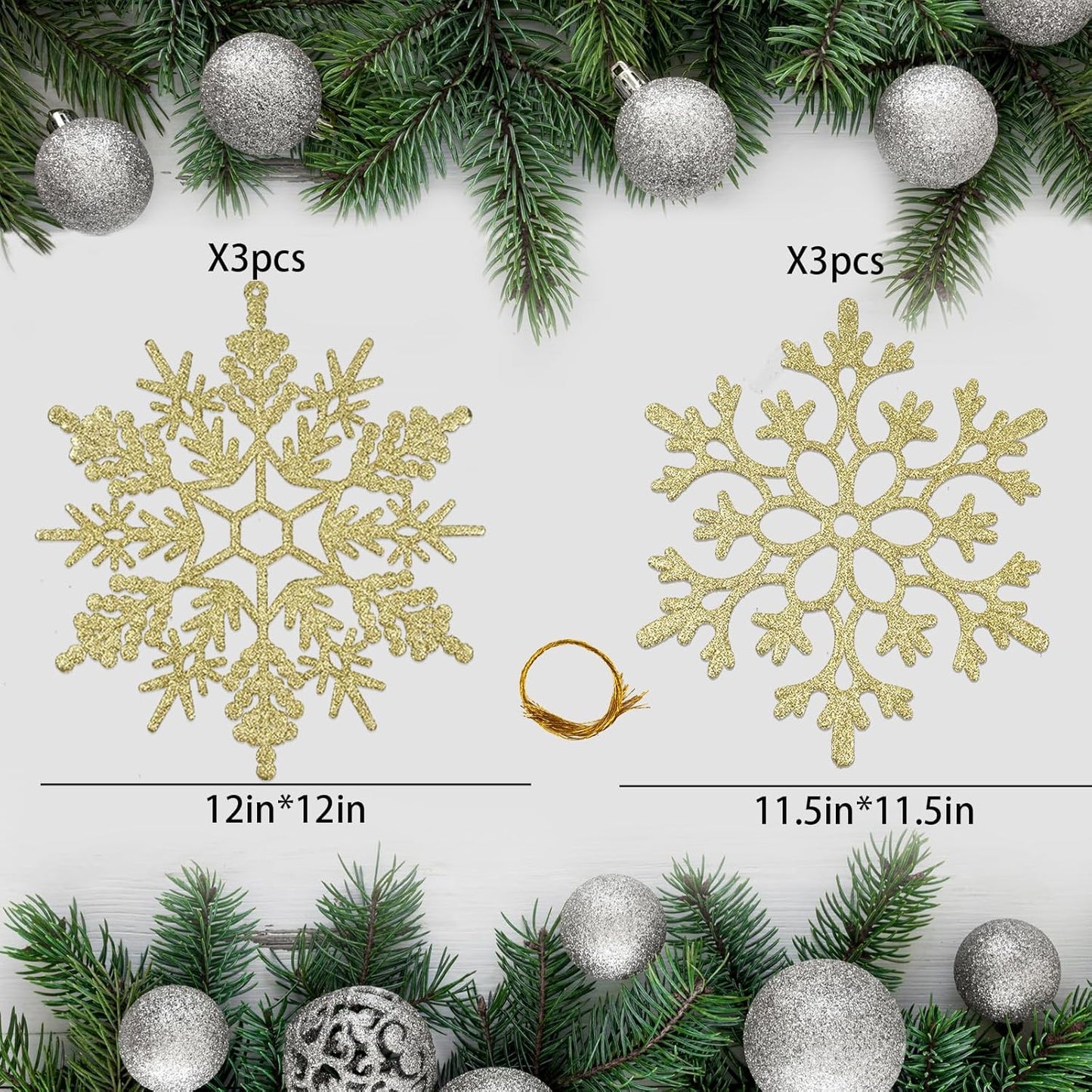 6pcs Large Gold Snowflakes Ornaments 12" Big Plastic Glitter Snowflake for Winter Indoor Outdoor Christmas Tree Window Room Decorations Giant Craft Snowflakes