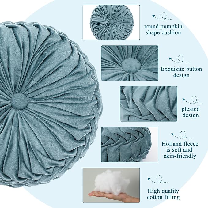 Drydiet 1 Pcs Round Throw Velvet Pillows Decorative Pleated Throw Pillows Diameter Accent Pumpkin Boho Chair Cushion for Couch Sofa Home Decoration (Dusty Blue,15'')