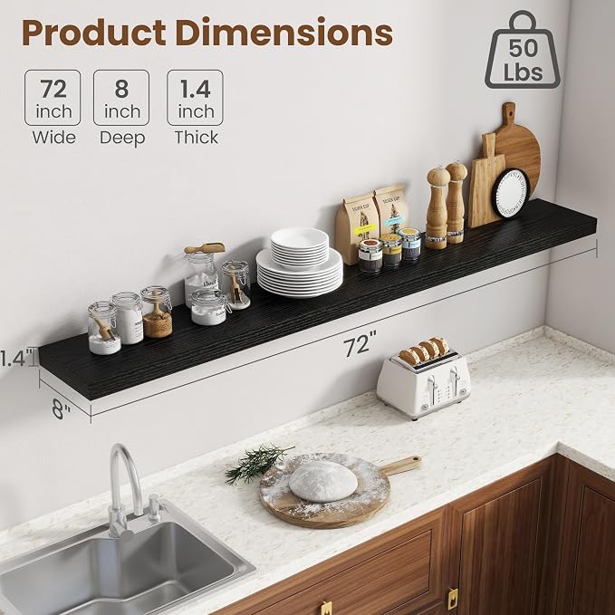 72 Inch Floating Shelves for Wall, 8 Inch Deep Floating Shelf for Storage & Display, Rustic Wall Mounted Shelf with Invisible Brackets for Living Room, Kitchen, Bathroom, Home Decor, Set of 2, Black