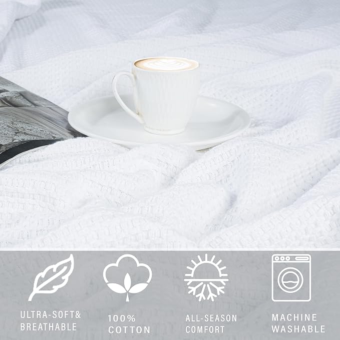 TreeWool Premium 100% Cotton Waffle Queen Blanket (90"x90", White) | Breathable Lightweight Moisture Wicking Soft Knit Thermal Blanket for Summer, Bed or Sofa All-season Comfort Machine Washable
