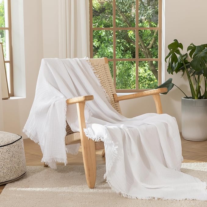 MooMee Muslin Blanket - 100% Cotton 4-Layer Gauze Throw Blanket with All-Around Fringe, Soft Breathable Lightweight Cooling Summer Blankets for Bed Couch (Bright White,Queen 90" x 90")
