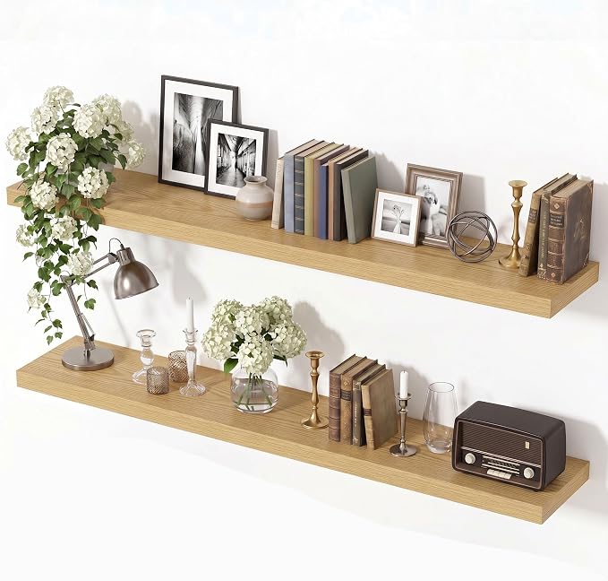 Vivelove Wall Floating Shelves for Display with Invisible Brackets, 48 Inch Floating Shelf for Under TV Over Fireplace Bedroom Living Room Office, 48”X 8”X 1.4", Set of 2 - Oak