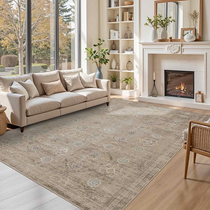 Rugxara 6x9 Area Rugs for Living Room Bedroom, Large Washable Rug, Beige Vintage Retro Boho Rug, Non Slip & Low Pile Faux Wool Thin Carpet for Indoor Dining Room and Kids Room(Beige 6x9ft)