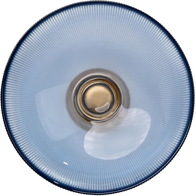 Round Glass Decorative Bowl (Blue), 9.8 Inches Handblown Striped Design Glass Bowl with Rust Resistant Metal Base,Decor Fruit Bowl for Home Decor,Table Centerpiece,Kitchen Island and Dining Decor