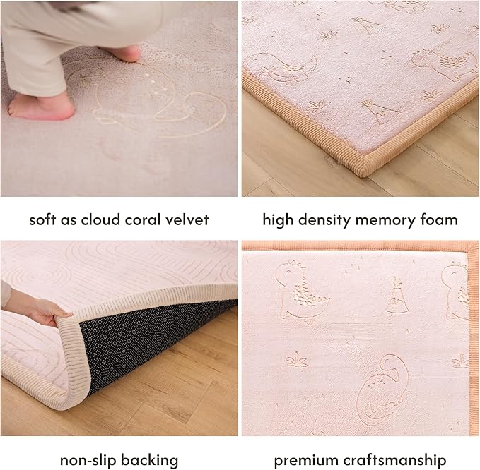 Hakuna Matte GlowCloud Baby Play Mat for Floor 47”x 67” Dinosaurs – Coral Velvet Memory Foam Rug for Crawling & Cozy Play – Non-Slip, Water-Resistant, Easy-Care Tummy Time Mat, Playmat for Playpen