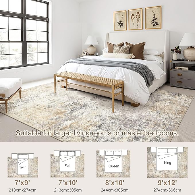 UERMEI 7x10 Area Rug Living Room Rugs - Washable Neutral Modern Abstract Soft Thin Large Rug Indoor Floor No Slip Rug Carpet for Bedroom Under Dining Table Home Office Decor - Golden Grey