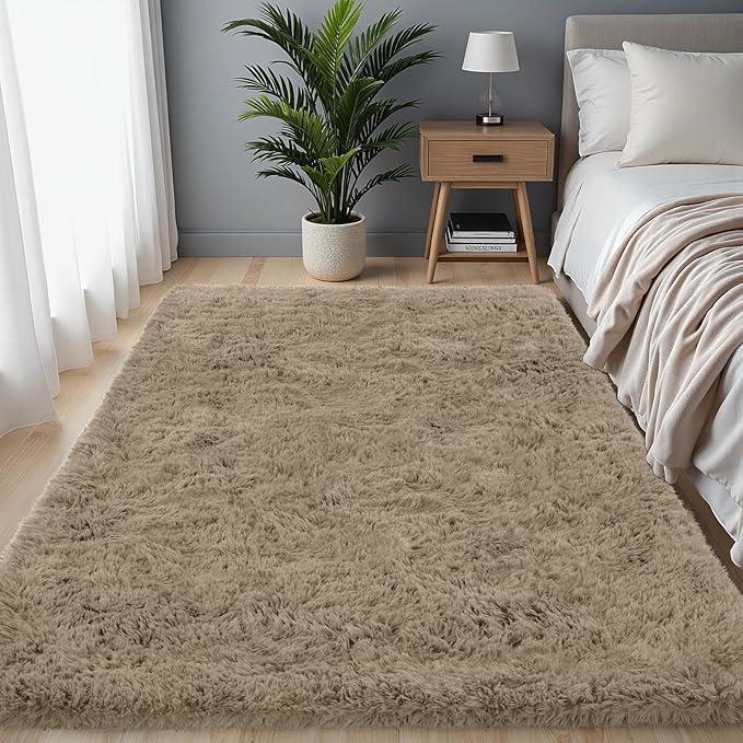 4x6 Area Rug for Living Room, Ultra Soft Fluffy Shag Rugs for Bedroom, Non-Slip Large Fuzzy Plush Rug Indoor Floor Carpet for Nursery Kids Office Dorm Modern Decor, Gray Camel
