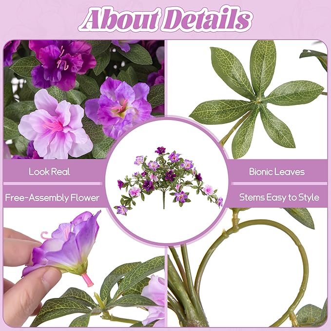 Ammyoo Artificial Fake Azalea Flowers for Outdoor Spring Decoration, Faux Silk Flower for Summer UV Resistant Look Real Plants for Garden Yard Porch Walkway Indoor Decor, 2PCS