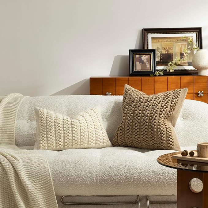 DEZENE Wool Boucle Throw Pillow Cover Premium Chic Accents Square Textured Decorative Pillow Case for Living Room Couch Sofa Home Decor 18"x18" Taupe