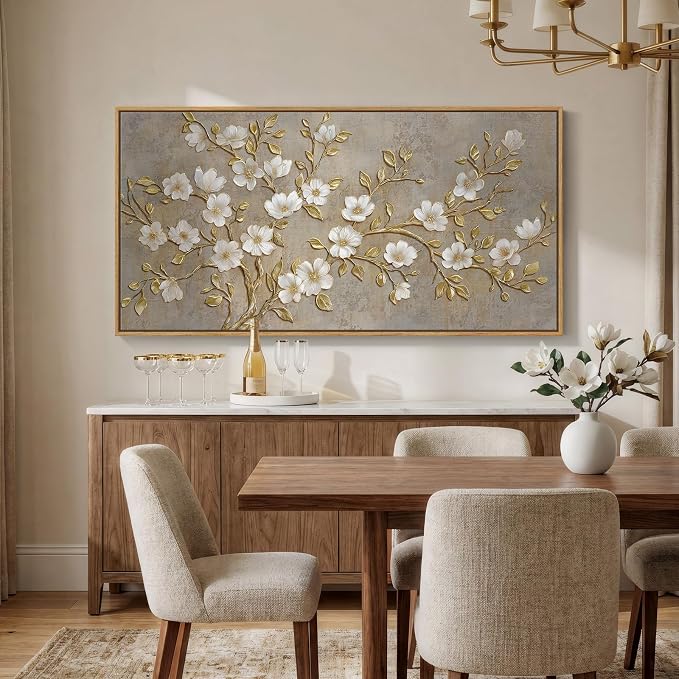 Large Framed Neutral Floral Wall Art for Living Room, Rustic Elegant Magnolia Botanical Canvas Prints Paintings, White Flower with Gold Branches Pictures for Dining Room Office Wall Decor, 60x30 Inch