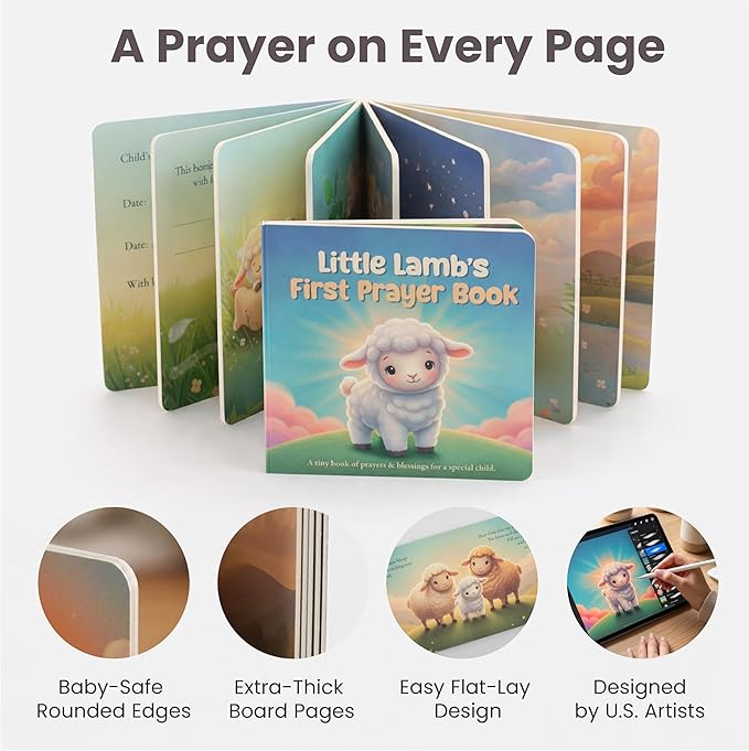 Baptism Gift for Boy or Girl Baptism Set with 10" Praying Lamb Plush Toy, Bamboo Muslin Blanket & First Prayer Book, Ready to Gift Keepsake Box