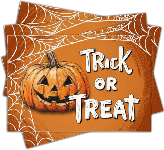 Halloween Pumpkin Placemats Set of 4, 12x18 Inch Trick Or Treat Table Mat, Washable Heat Resistant Place Mats for Kitchen Dining Table, Halloween Themed Decoration for Home-B06