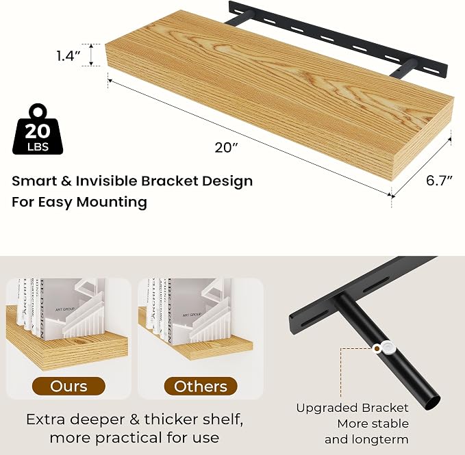 Dreamland 20Inch Floating Shelves for Wall 6.7" Deep Light Brown Set of 2 | Wall shelves for bathroom, bedroom, Living Room, kitchen, deep wall mount wood storage display for home decor 20" x 6.7"